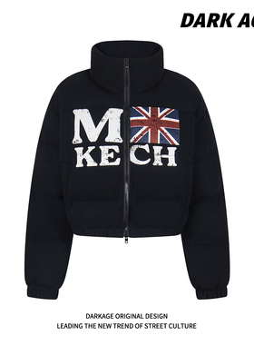 DARKAGE美式加绒立领灯芯绒棉服外套旗帜印花男女款短款保暖棉衣