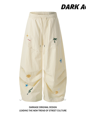 DARKAGE原创美式复古刺绣工装伞兵裤女宽松直筒阔腿休闲裤子