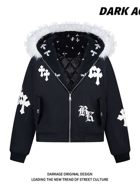 DARKAGE原创美式复古十字架印花毛领连帽棉服秋冬款宽松加厚外套