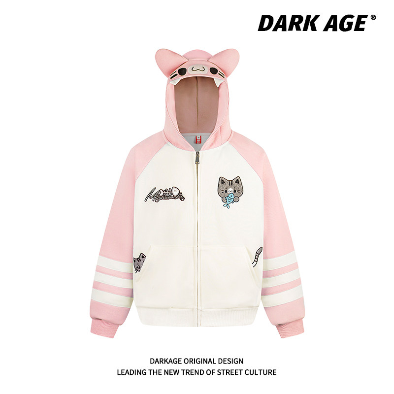 DARKAGE原创宅萌猫咪刺绣拼接拉链开衫连帽卫衣2026春季宽松外套,女装/女士精品,卫衣/绒衫,淘宝优惠券,粉丝福利购,淘宝优惠卷