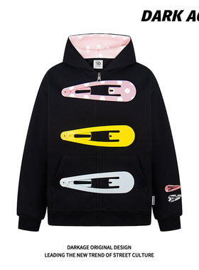 DARKAGE原创美式复古大发夹休闲风拼接男女宽松拉链情侣连帽外套