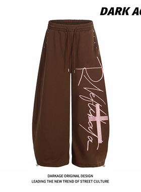 DARKAGE原创美式复古字母印花阔腿卫裤女款春秋季宽松抽绳休闲裤