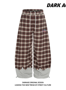 DARKAGE原创美式格纹刺绣拼接弯刀休闲裤男女宽松bf慵懒风阔腿裤