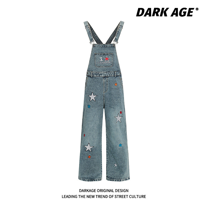 DARAKGE原创美式复古星星刺绣阔腿背带裤慵懒风直筒连体衣牛仔裤,女装/女士精品,连体衣/裤,淘宝优惠券,粉丝福利购,淘宝优惠卷