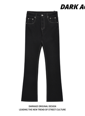DARKAGE原创美式高街vibe风黑色微喇叭牛仔裤修身显瘦ro飘带裤子