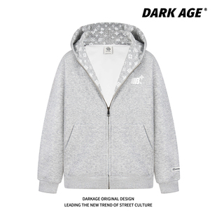DARKAGE美式 连帽卫衣外套男女秋冬加绒情侣潮牌拉链上衣 印花开衫