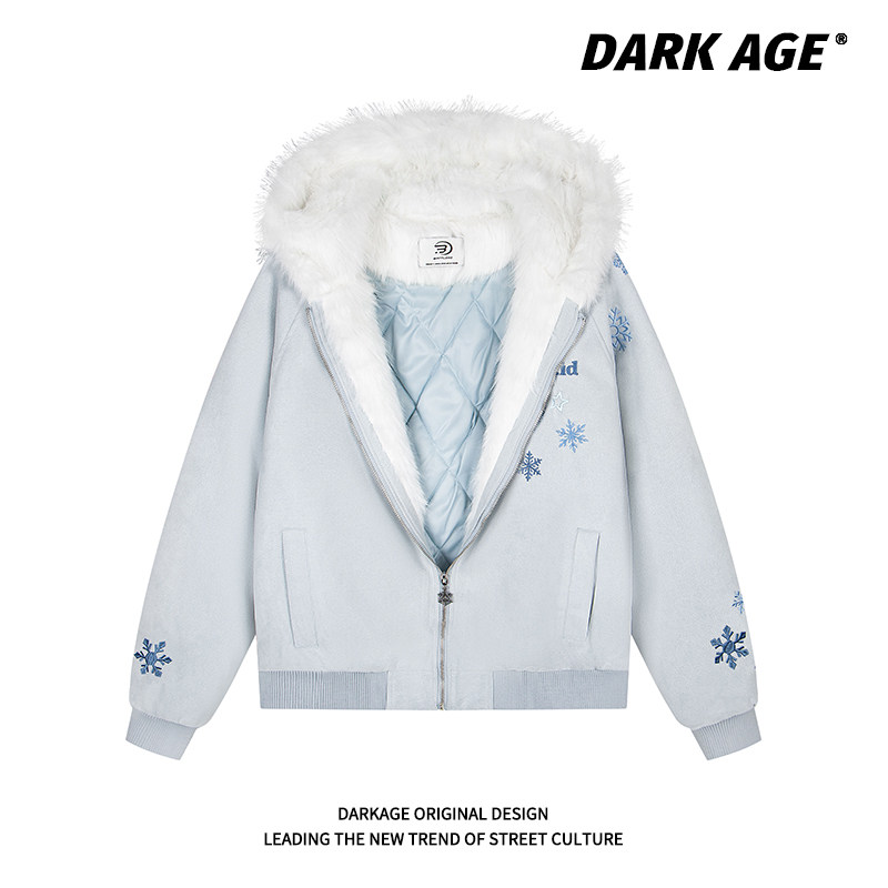 DARKAGE原创美式复古雪花刺绣毛领连帽座山雕棉服女冬季宽松外套