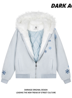 DARKAGE原创美式复古雪花刺绣毛领连帽座山雕棉服女冬季宽松外套