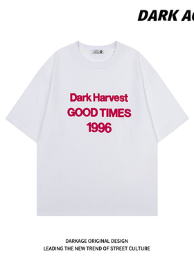 DARKAGE原创美式复古刺绣字母夏季短袖T恤男女情侣宽松半袖上衣