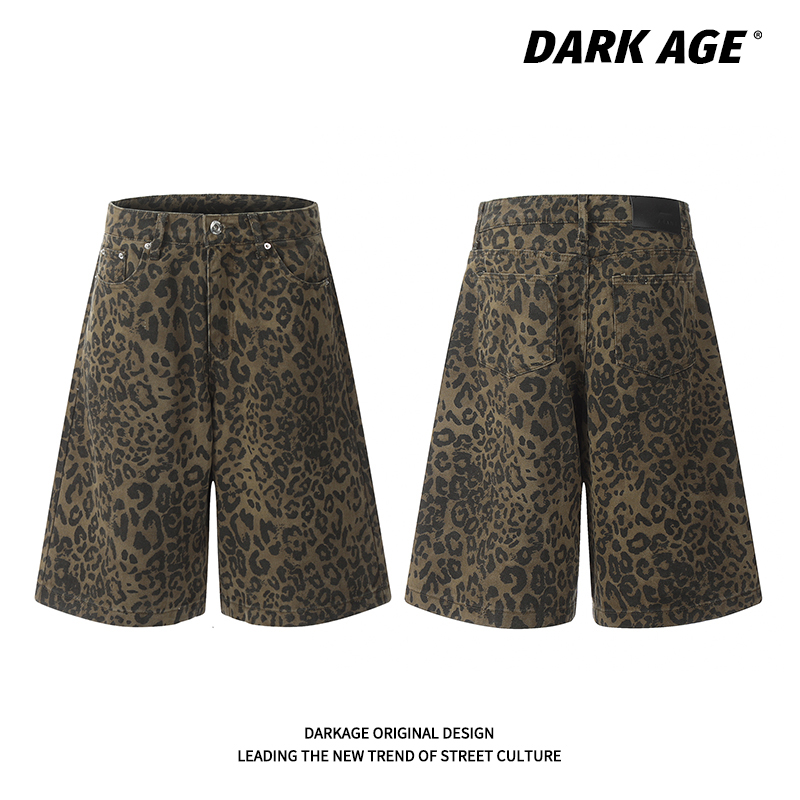 DARKAGE美式复古豹纹牛仔短裤男女夏季直筒宽松阔腿七分慵懒风