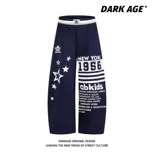 DARKAGE原创美式 子 复古字母五角星印花男女宽松休闲街舞阔腿长裤