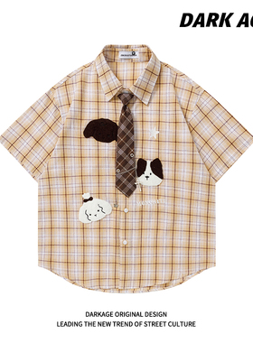 DARKAGE原创可爱小狗刺绣星星领带短袖衬衫女宽松学院风上衣衬衣