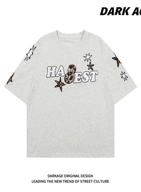 DARKAGE原创美式复古毛绒星星贴布短袖T恤夏季男女宽松情侣上衣