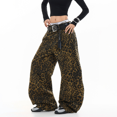 DARKAGE原创豹纹宽松阔腿牛仔裤