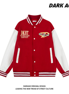 DARKAGE原创美式复古字母刺绣红色棒球服拼接PU皮袖情侣夹克外套
