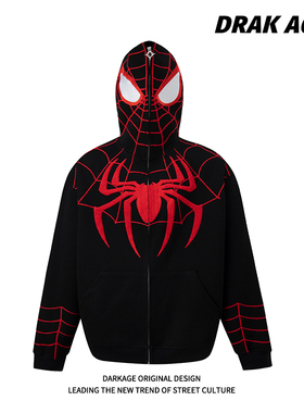 DARKAGE蜘蛛刺绣拉链开衫春秋季卫衣情侣美式潮牌宽松ovesize外套