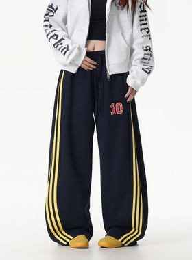 DARKAGE原创美式复古三条杠弯刀阔腿裤男女抽绳垂感宽松休闲裤子