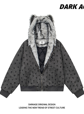 DARKAGE原创美式复古十字架满印杜宾耳棉袄加厚情侣连帽棉衣棉服