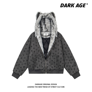 DARKAGE原创美式 复古十字架满印杜宾耳棉袄加厚情侣连帽棉衣棉服