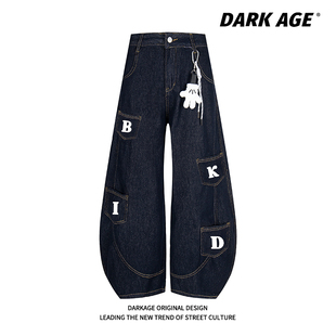 DARKAGE美式 子做舊男女牛仔褲 拖地寬松長褲 復古水洗多口袋彎刀褲