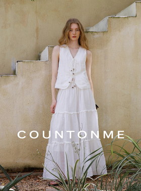 COUNTONME 慵懒假日/法式浪漫木耳边苎麻半身裙松紧腰A字蛋糕裙