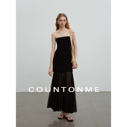 COUNTONME 优雅浪漫/弹力天丝羊毛拼接网纱抽褶显瘦抹胸连衣裙