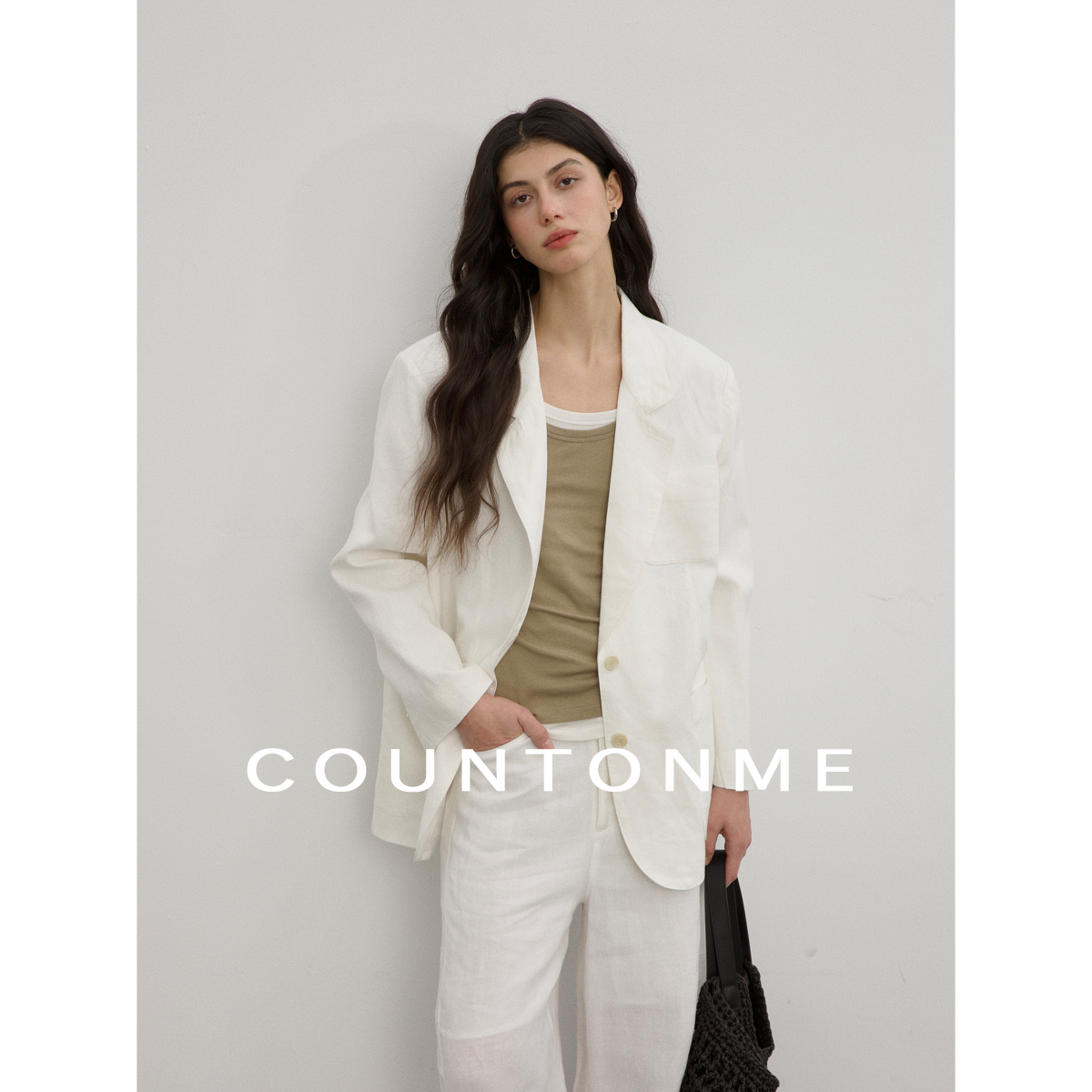 COUNTONME 极简高级感荃亚麻休闲西装外套女宽松挺阔春季新款上衣