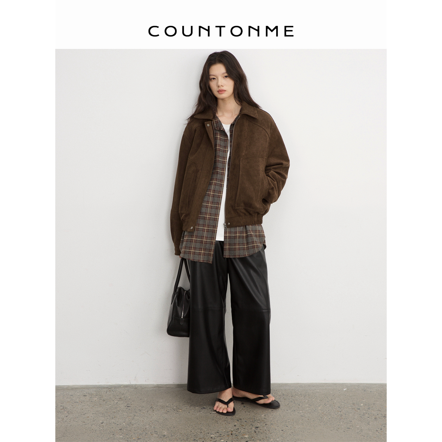 COUNTONME 复古老钱/极简时髦通勤质感百搭抽绳九分阔腿皮裤