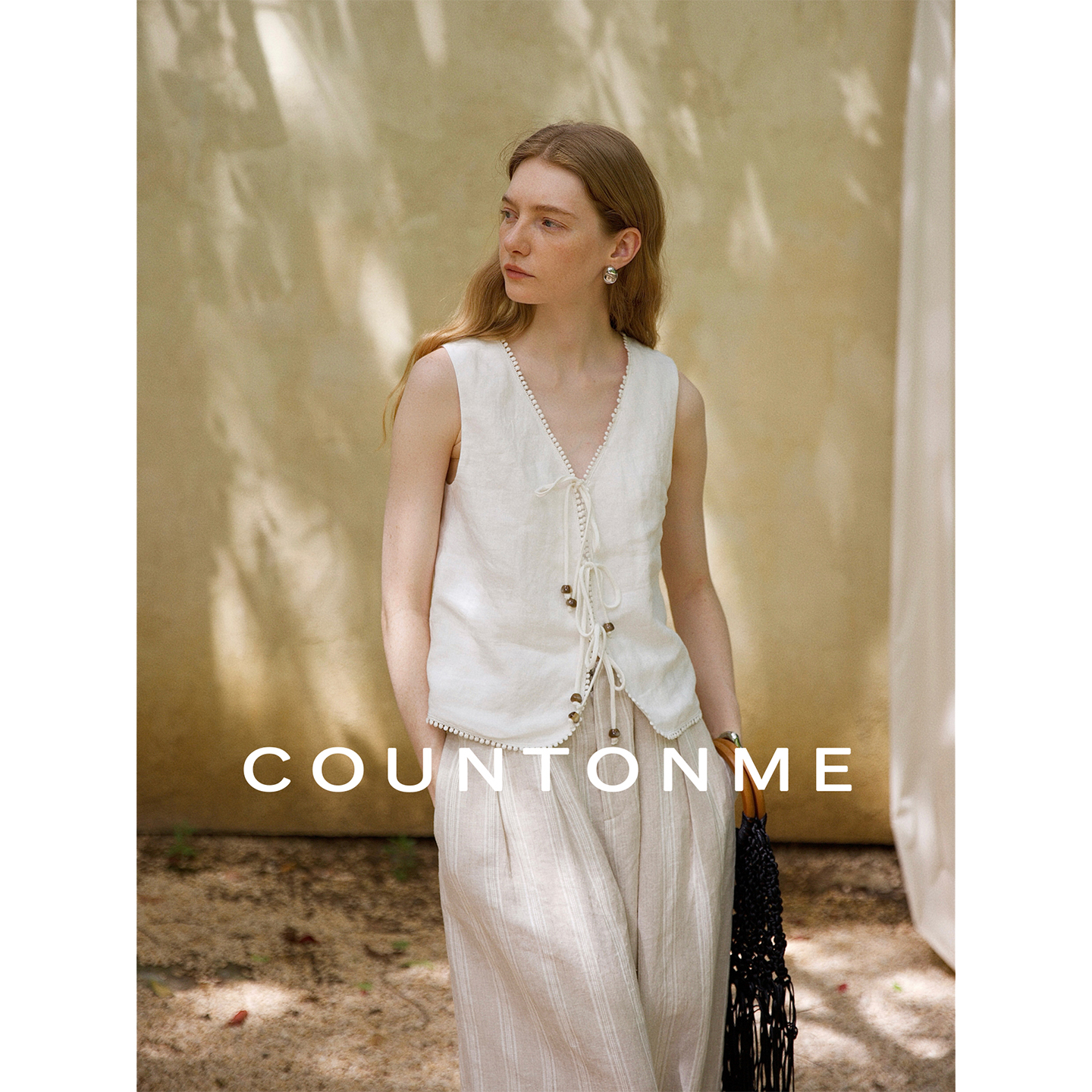 COUNTONME 法式浪漫/松弛度假串珠亚麻马夹休闲系带门禁背心马甲