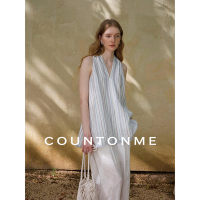 COUNTONME 浪漫地中海/慵懒舒适V领色织条纹亚麻流苏背心上衣