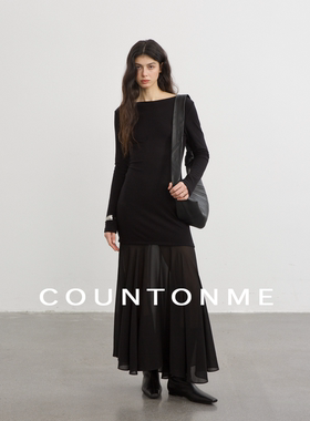 COUNTONME 浪漫氛围感拼透网纱连衣裙 一字领显瘦叠穿气质长裙