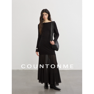 COUNTONME 一字领显瘦叠穿气质长裙 浪漫氛围感拼透网纱连衣裙