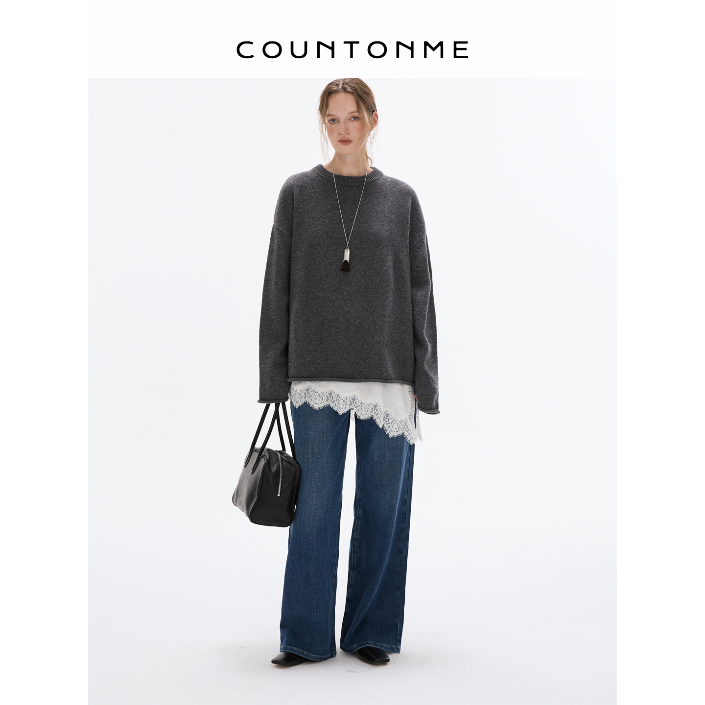 COUNTONME 经典时髦/25秋冬磨毛加绒造型感简约显瘦阔腿牛仔裤