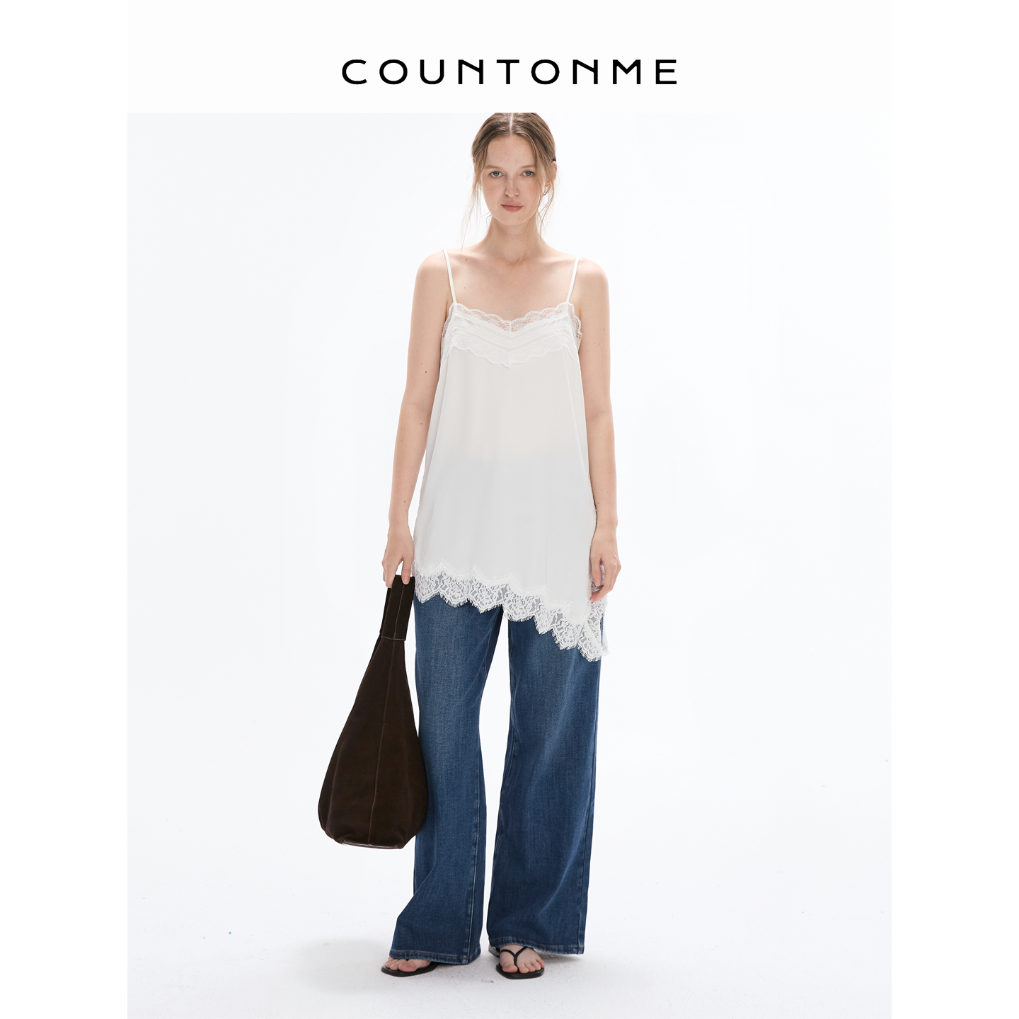 COUNTONME 叠穿神器/ 醋酸蕾丝不规则开衩可调节吊带裙