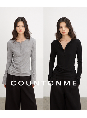 COUNTONME 莱赛尔绵羊毛混纺亨利领显瘦抽褶设计感长袖T恤上衣