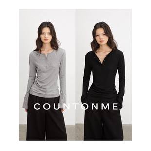 COUNTONME T恤上衣 莱赛尔绵羊毛混纺亨利领显瘦抽褶设计感长袖