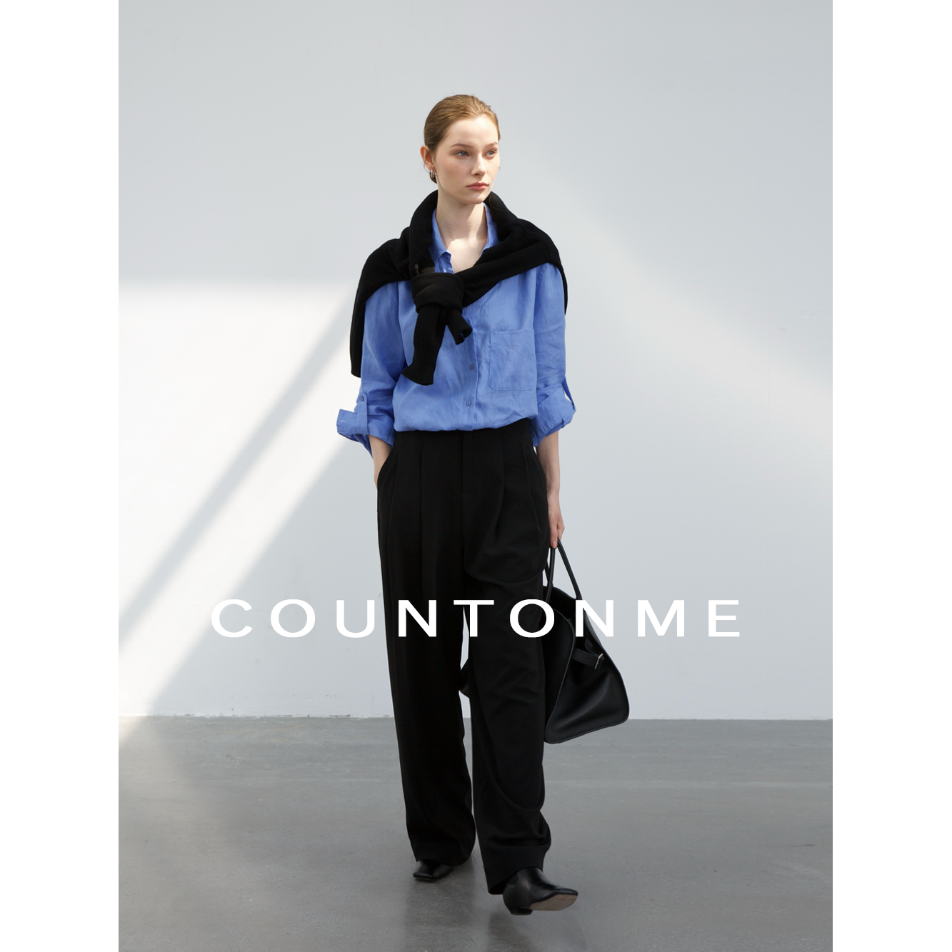 COUNTONME 松弛感荃亚麻蓝色长袖衬衫