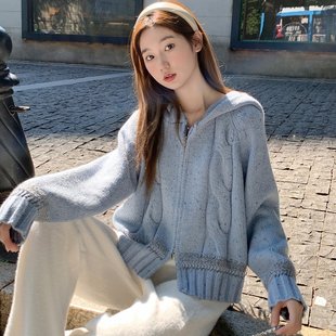 韩系撞色加厚拉链连帽毛衣女冬季慵懒高级感宽松软糯针织开衫外套