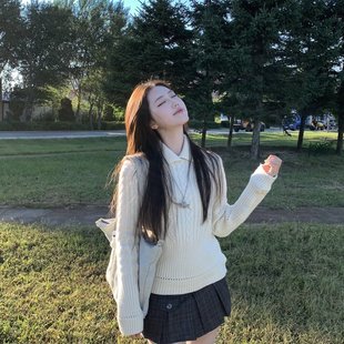 米白色翻领绞花毛衣针织毛衣女秋冬2025新款扭花显瘦毛织上衣