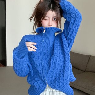 实拍实价 秋冬新款克莱因蓝高领拉链毛衣针织上衣麻花毛衣女潮