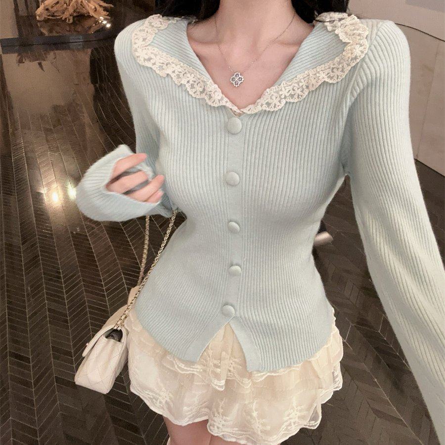 蕾丝翻领单排扣针织打底衫女秋冬气质减龄修身显瘦漂亮小衫,女装/女士精品,毛针织衫,淘宝优惠券,粉丝福利购,淘宝优惠卷