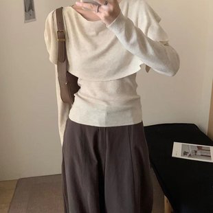 秋上新简约日常通勤气质针织衫和荡领披肩两件套套装韩版显瘦上衣
