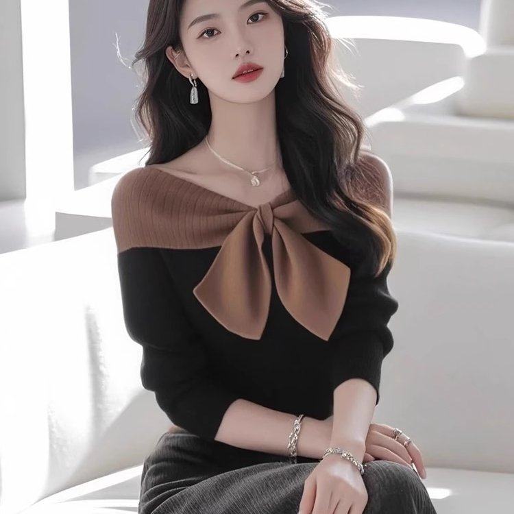韩系女装独特蝴蝶结大码温柔针织上衣黑色撞色百搭一字肩长袖毛衣