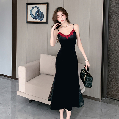 实拍 黑玫夜蕾'辣妹蕾丝丝绒连衣裙女秋季法式包臀吊带长裙