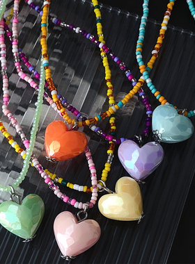 夏季彩色串珠爱心项链甜美锁骨链