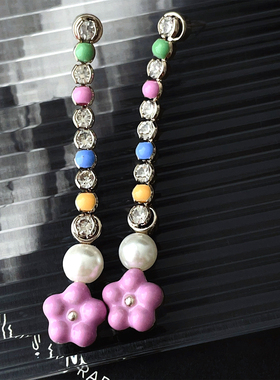 RTZHANG 设计感水钻珍珠粉色花朵流苏耳环长款甜酷高级感轻奢耳饰