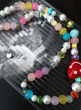 RTZHANG彩色串珠爱心形珍珠奶油甜心项链女款2025新款颈链锁骨链