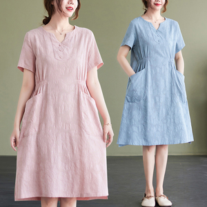 RM21213#夏季新款中长裙 短袖连衣裙女宽松遮肚显瘦裙子