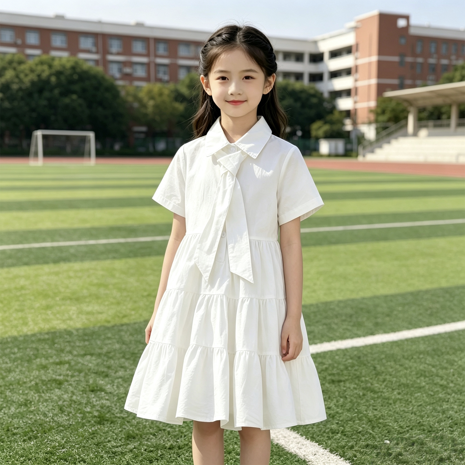 女童夏款连衣裙新款韩版翻领大裙摆衬衫裙配领带儿童公主裙可扎染
