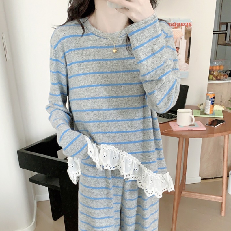 睡衣女款秋冬季长袖长裤韩版休闲条纹长袖长裤磨毛纯棉家居服套装